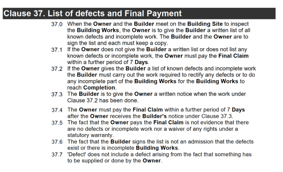 Clause 37 - HIA contract - defects and Final Payment